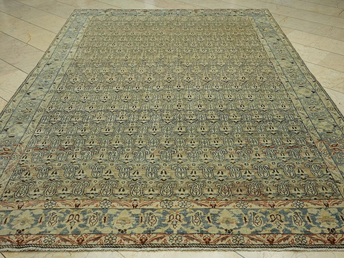 7x10 Antique Area Rug:Geometric Pattern Sky Blue & Chickpeas Colors Turkish Rugs
