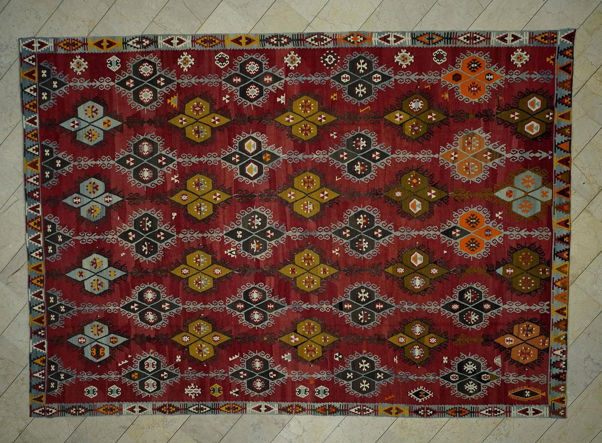 Antique Turkish Sivas Kilim Rug: 9.5"x13.6' Oversized Blue Red Rugs