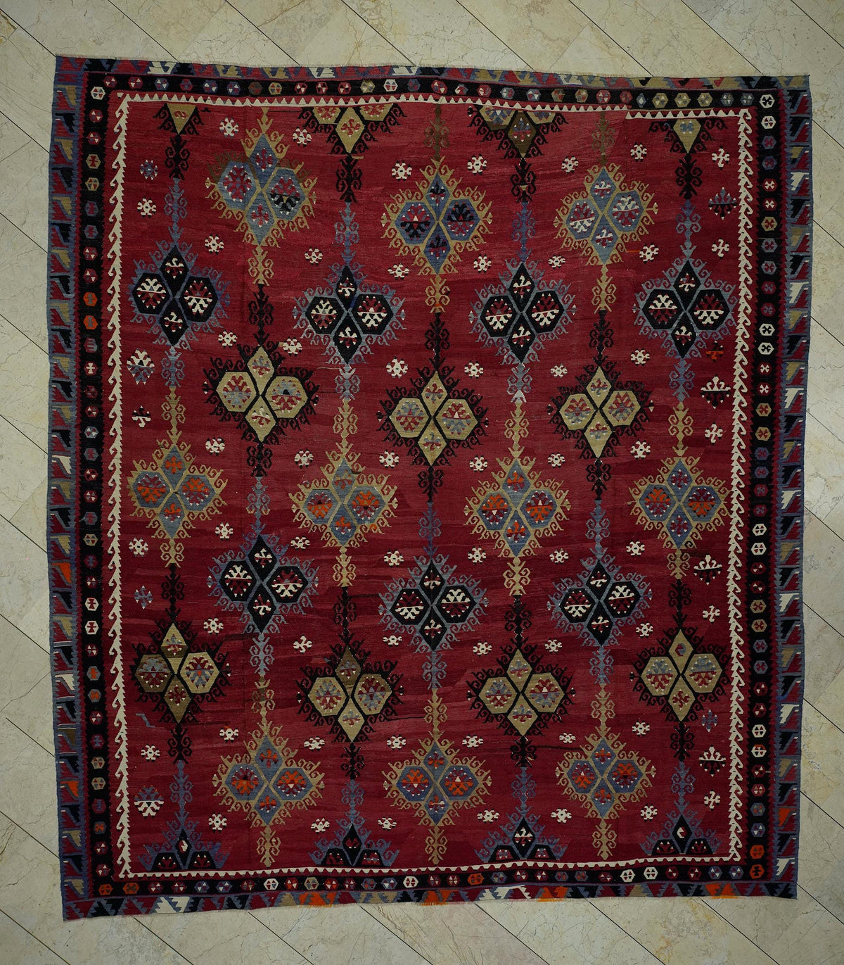 Antique Oversize Kilim Rug: 10x11 Red & Blue Turkish Tribal Woven Rugs.
