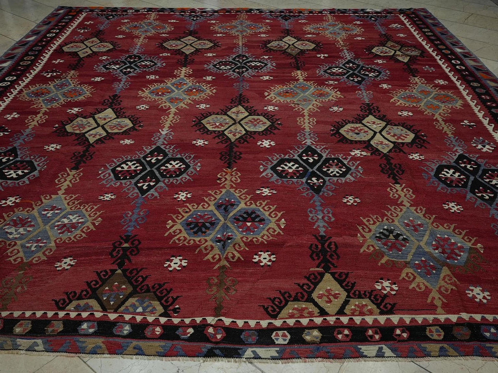 Antique Oversize Kilim Rug: 10x11 Red & Blue Turkish Tribal Woven Rugs.