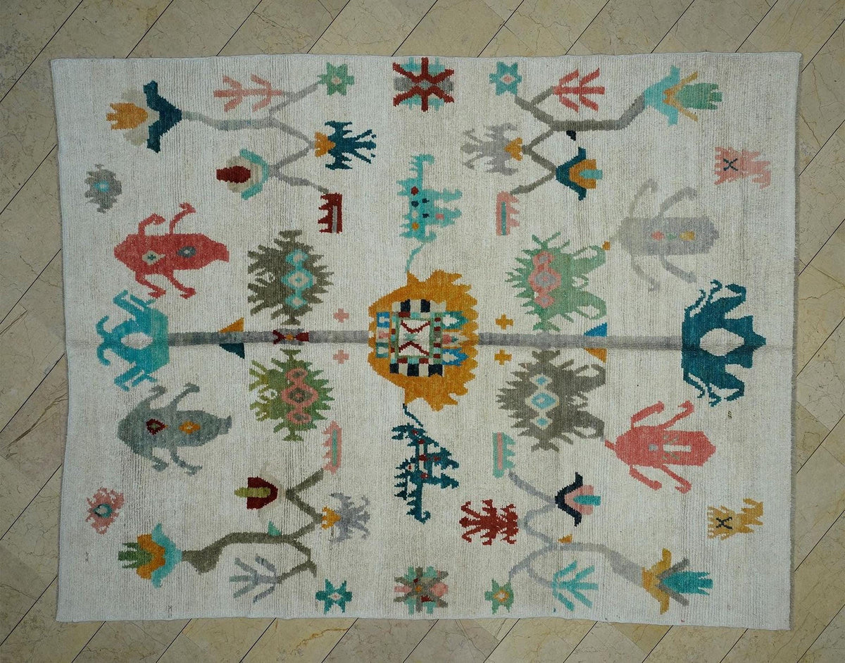 Primitive Oushak Design Hemp Area Rug: Beauty Colors Turkish Rugs, 8.5x11.3 ft