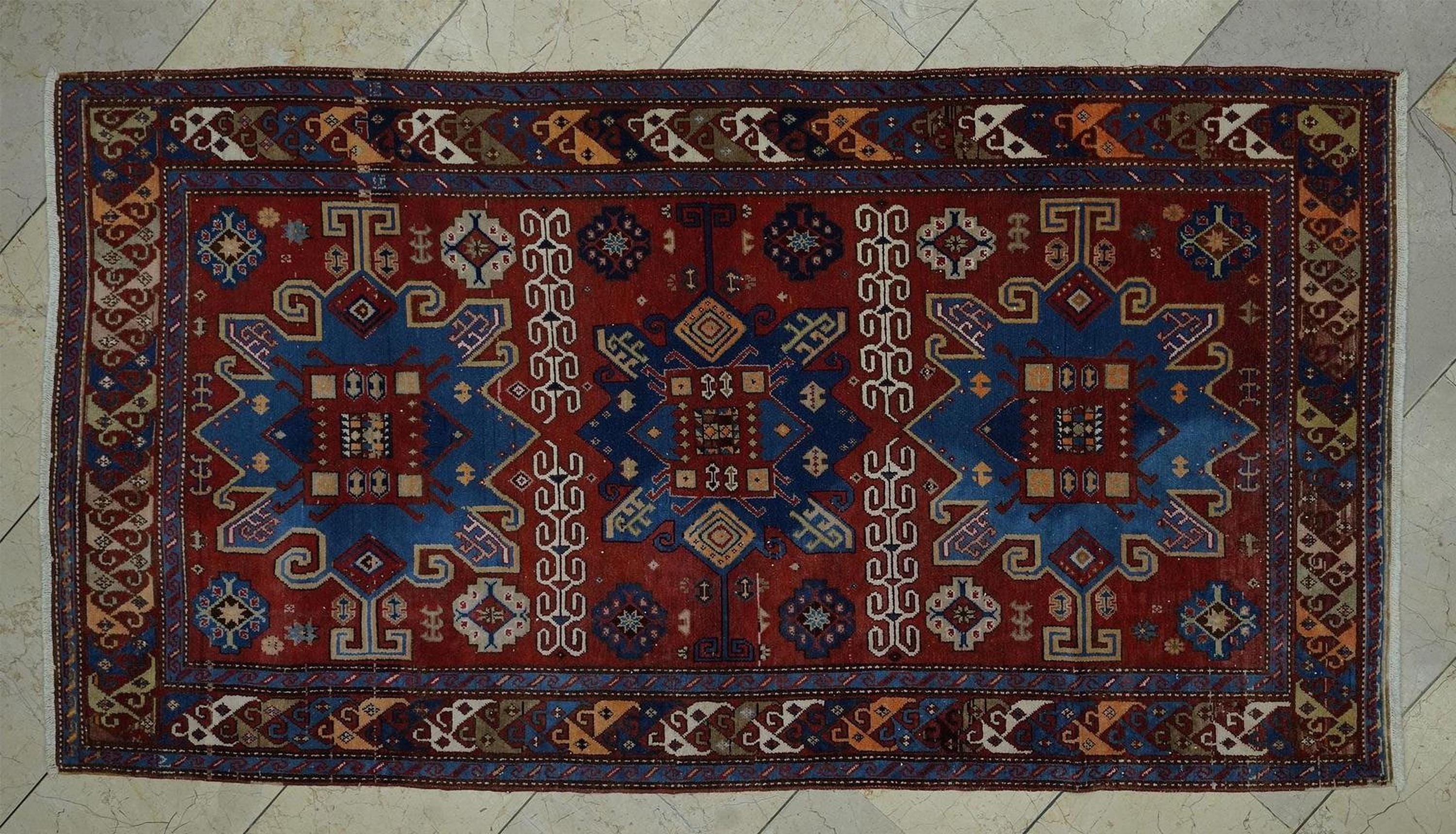 Antique Turquman Carpet Rug: 4x7 Colorful Turkmenistan Derbent Rugs.
