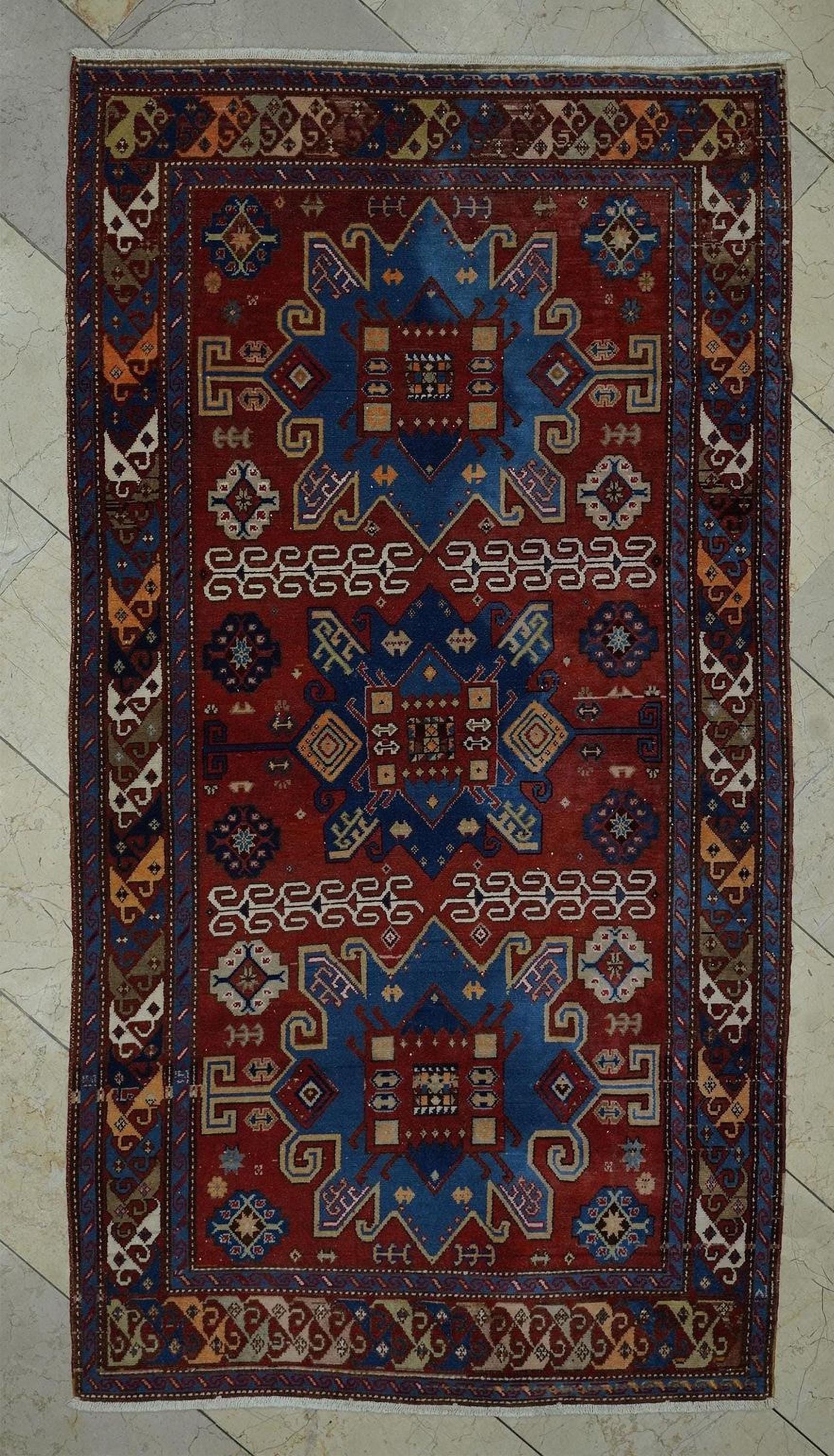 Antique Turquman Carpet Rug: 4x7 Colorful Turkmenistan Derbent Rugs.