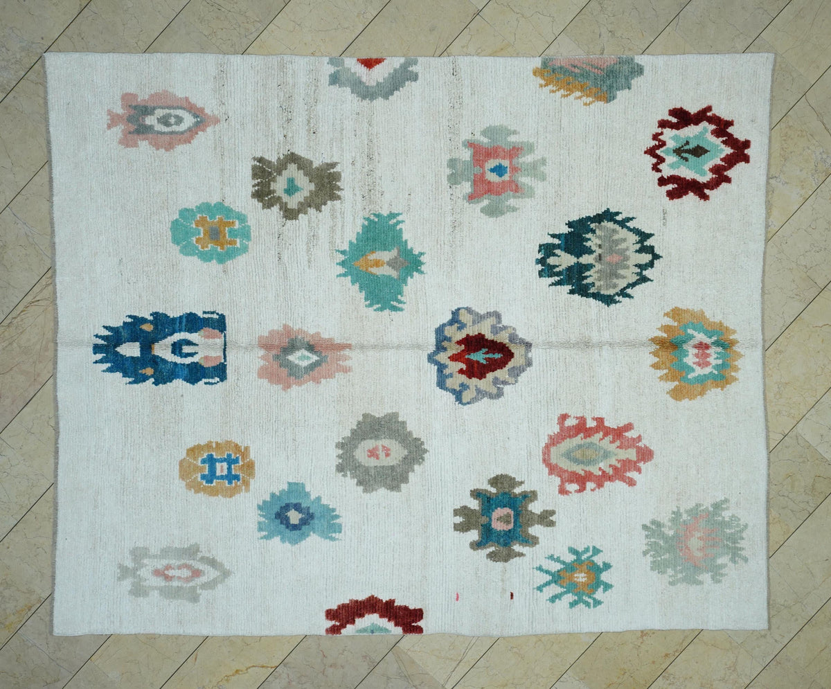 8x10 Oushak White Hemp Rug: Multi Color Handmade Turkish Carpet,Moroccan Style Rugs.