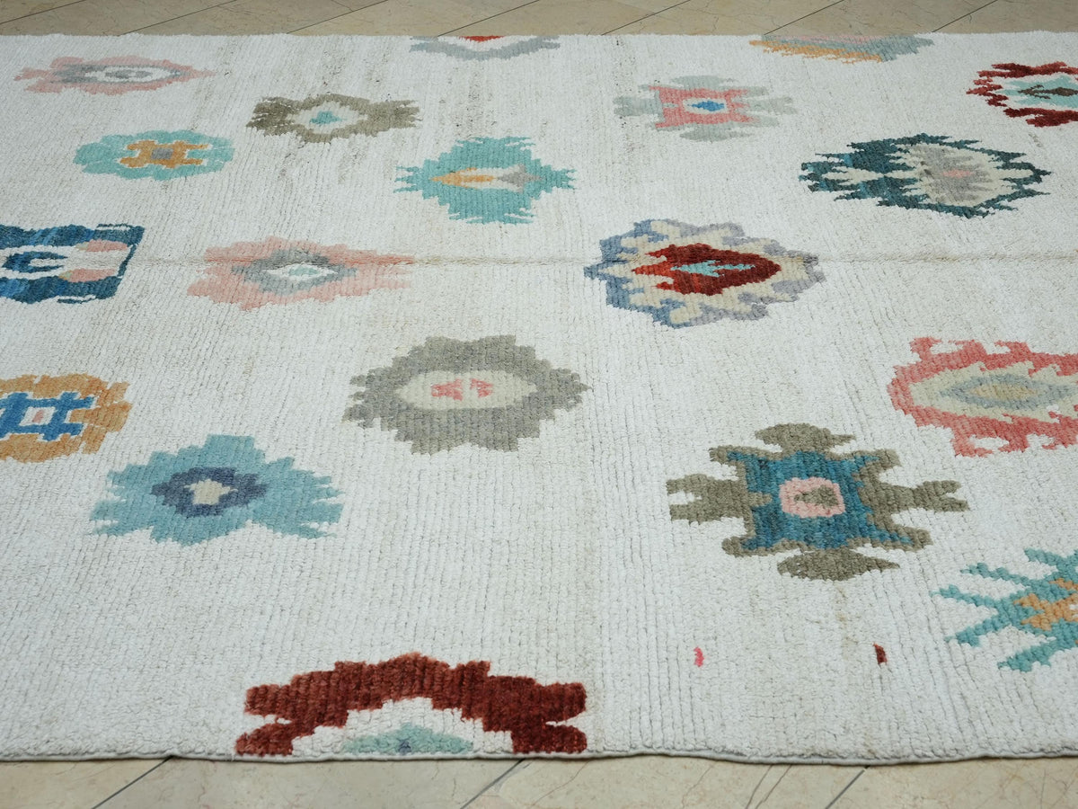 8x10 Oushak White Hemp Rug: Multi Color Handmade Turkish Carpet,Moroccan Style Rugs.