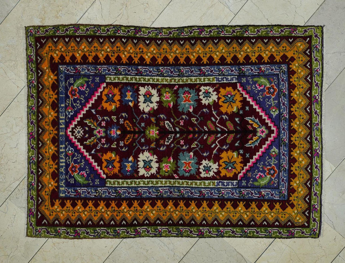 Multi Bright Color Antique Turkish Rug,3.7x5.1 Ft,Primitive Pattern Handmade Rugs.