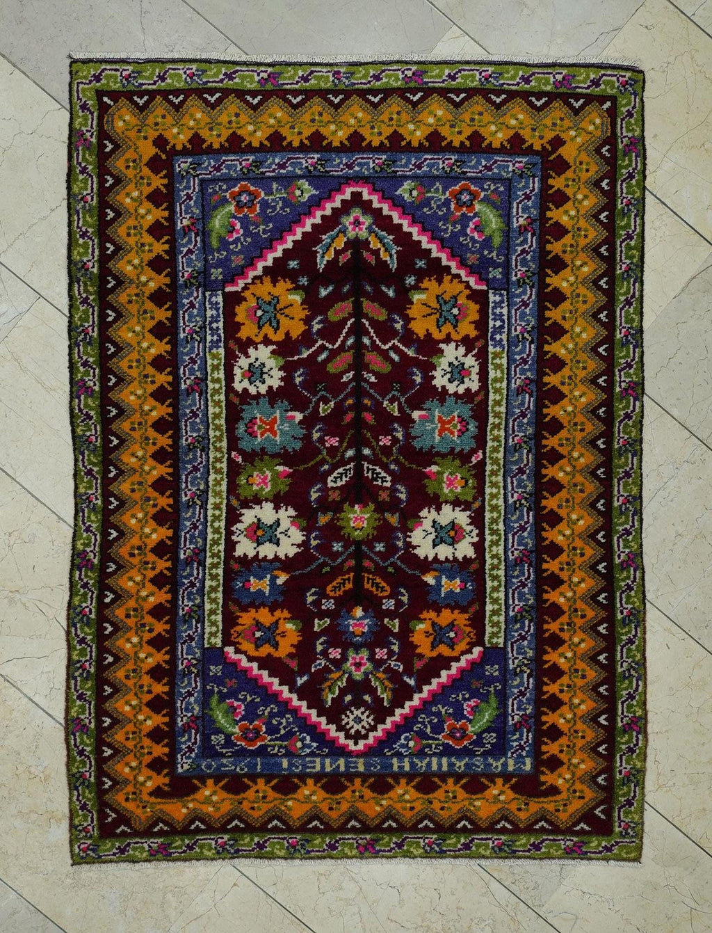 Multi Bright Color Antique Turkish Rug,3.7x5.1 Ft,Primitive Pattern Handmade Rugs.