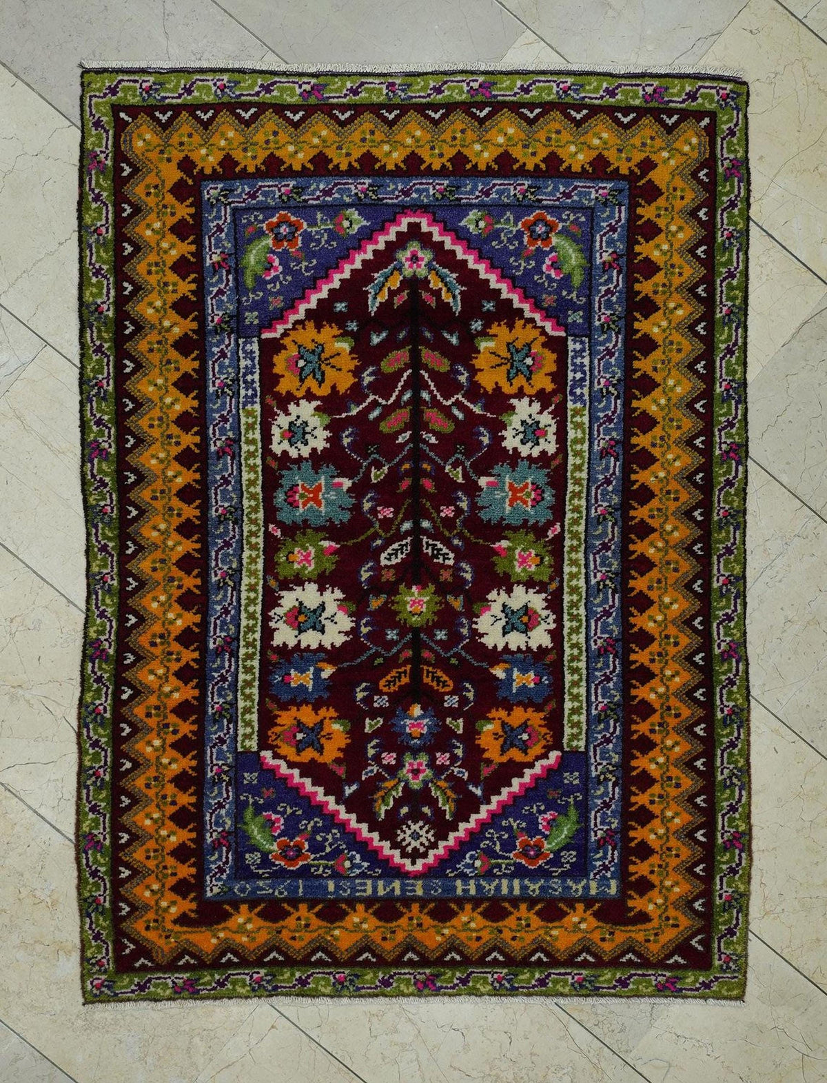 Multi Bright Color Antique Turkish Rug,3.7x5.1 Ft,Primitive Pattern Handmade Rugs.