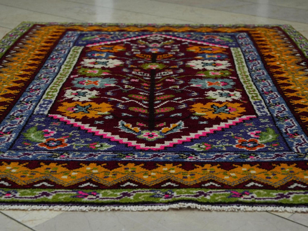 Multi Bright Color Antique Turkish Rug,3.7x5.1 Ft,Primitive Pattern Handmade Rugs.