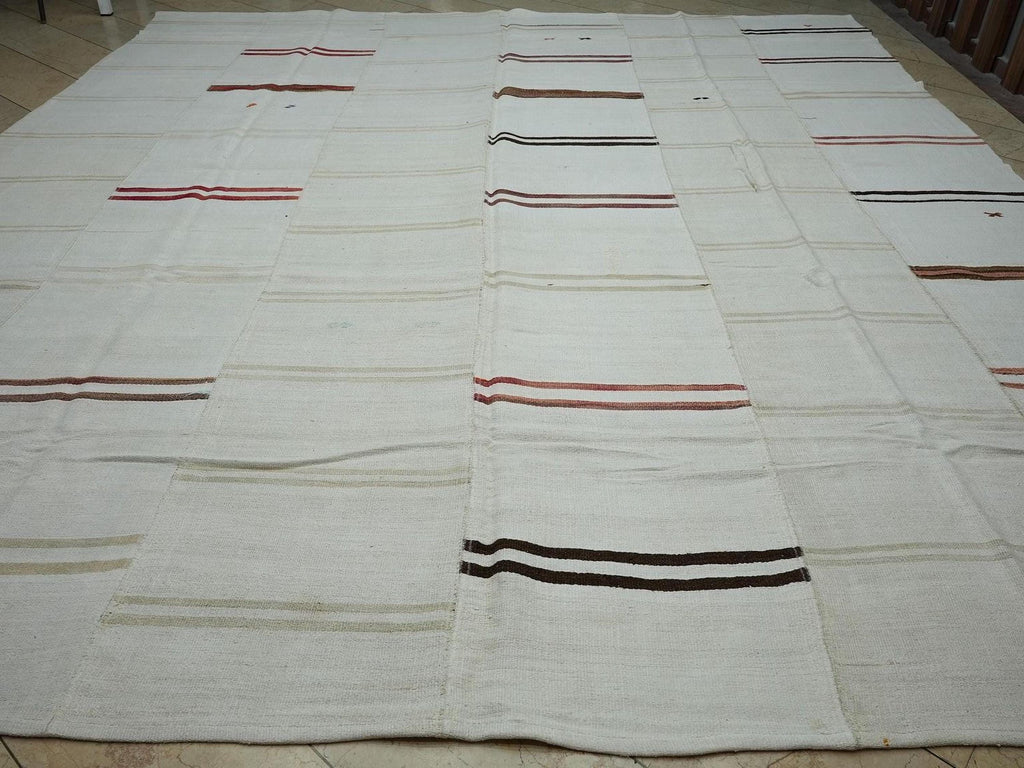 12x14 Scandinavian Style Broken Striped Hemp Kilim Rug: Oversized Turkish Flat-Woven Rugs.