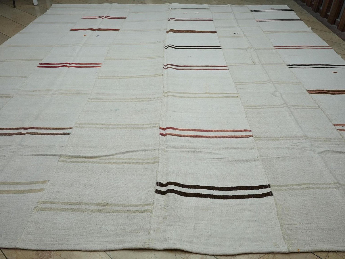 12x14 Scandinavian Style Broken Striped Hemp Kilim Rug: Oversized Turkish Flat-Woven Rugs.