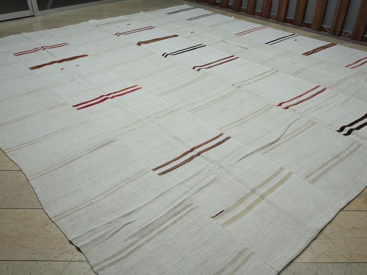 12x14 Scandinavian Style Broken Striped Hemp Kilim Rug: Oversized Turkish Flat-Woven Rugs.