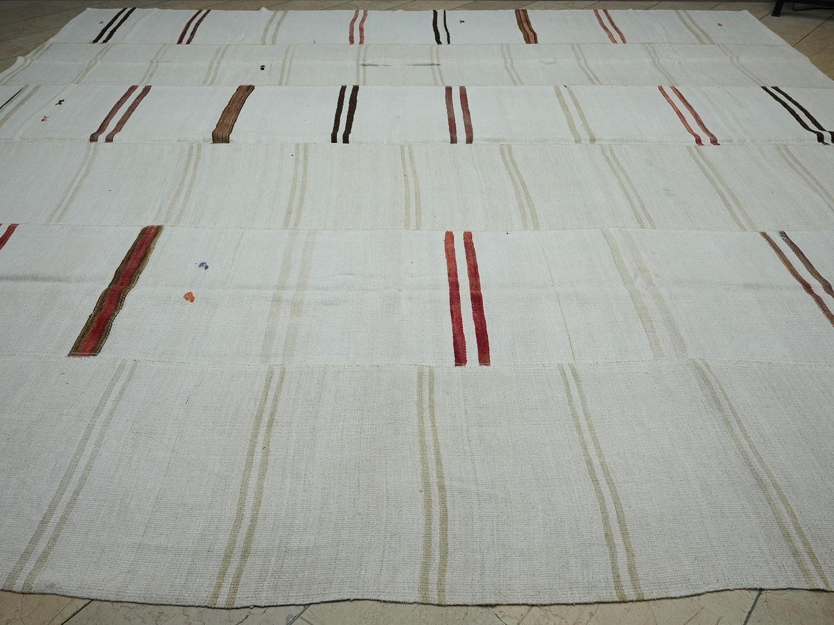 12x14 Scandinavian Style Broken Striped Hemp Kilim Rug: Oversized Turkish Flat-Woven Rugs.