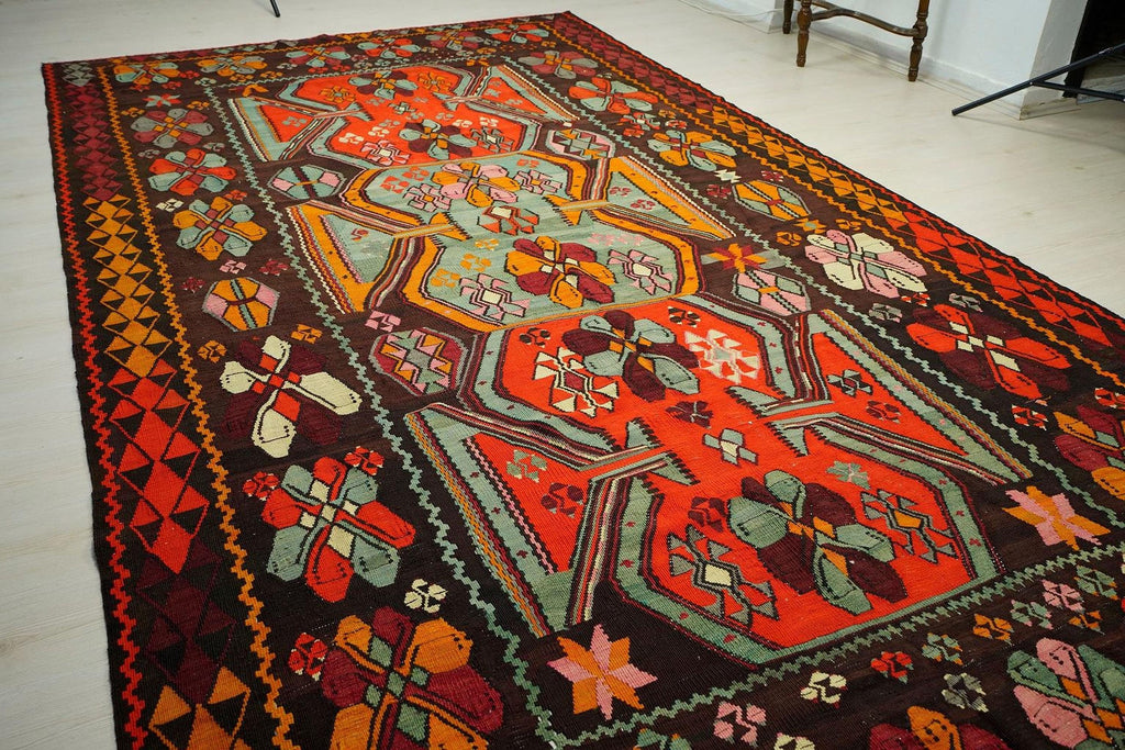Oversize Flat Weave Kilim Rug: 1950s Colorful Antique Rare Handmade Rugs 7,5x14 Ft.