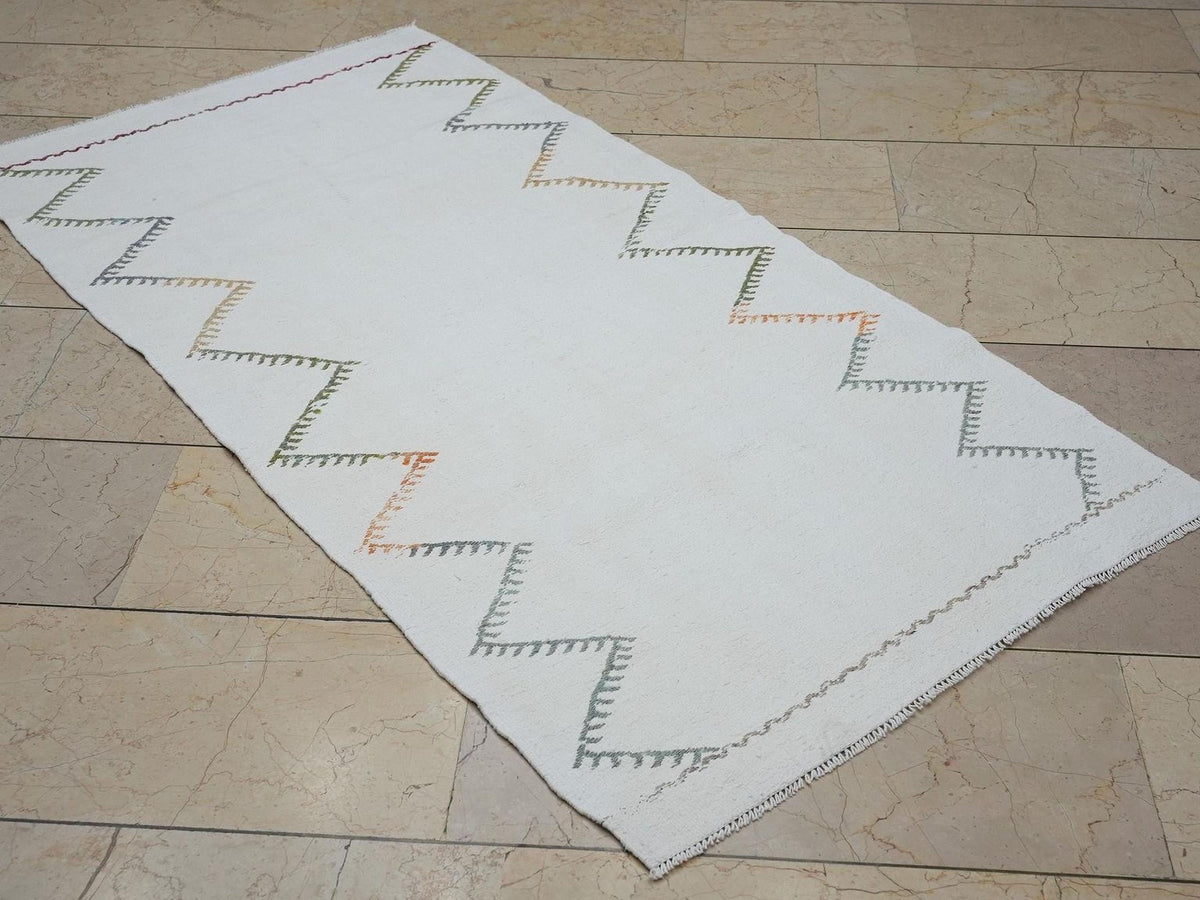 3x6 Organic Natural White Cotton Rug - Small Size Flat-weave Turkish Kilim,Home Living Decor.