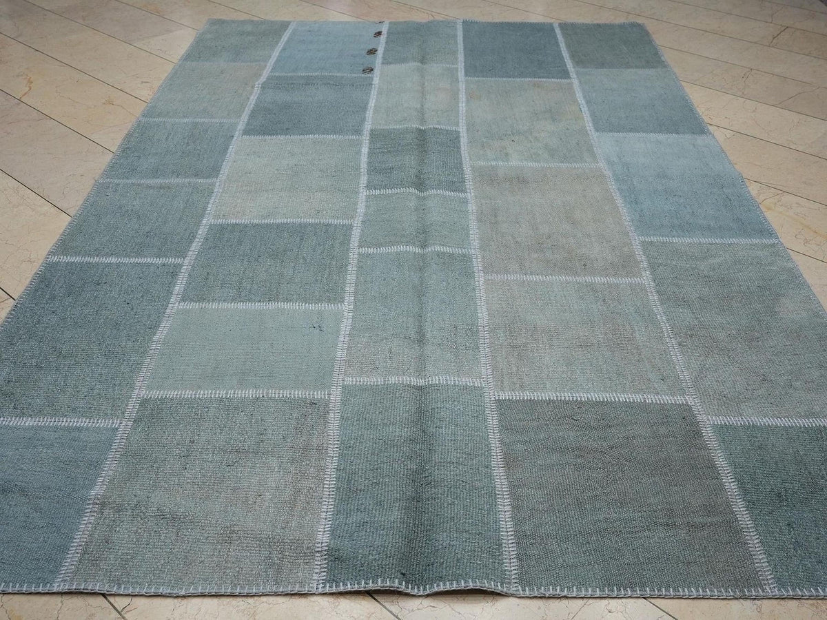 Overdye Light Blue- Turkish Patchwork Hemp Kilim Rug: 6,6x9,9 Feet