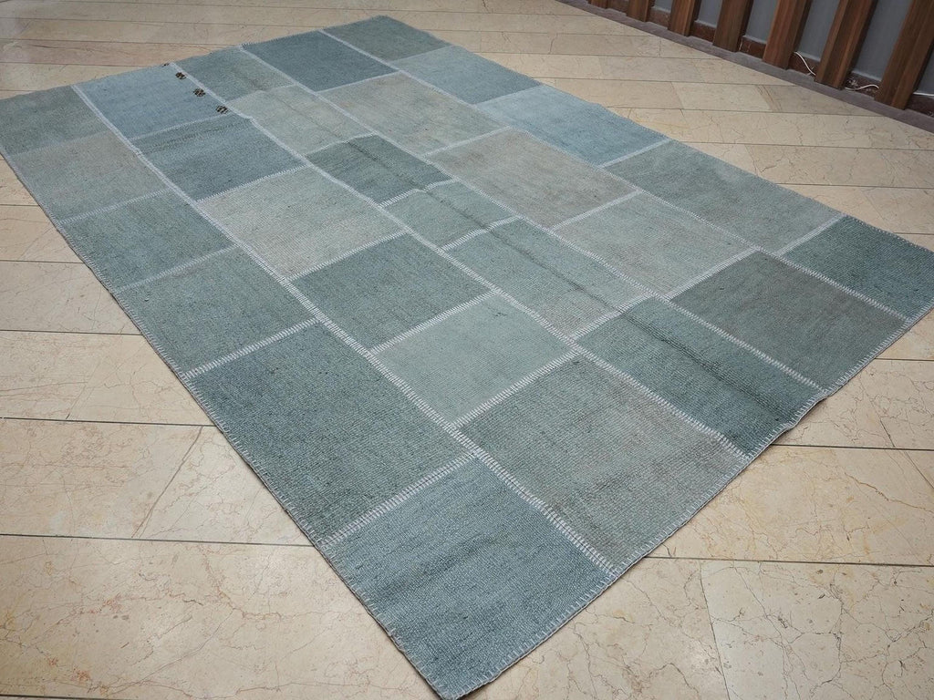 Overdye Light Blue- Turkish Patchwork Hemp Kilim Rug: 6,6x9,9 Feet