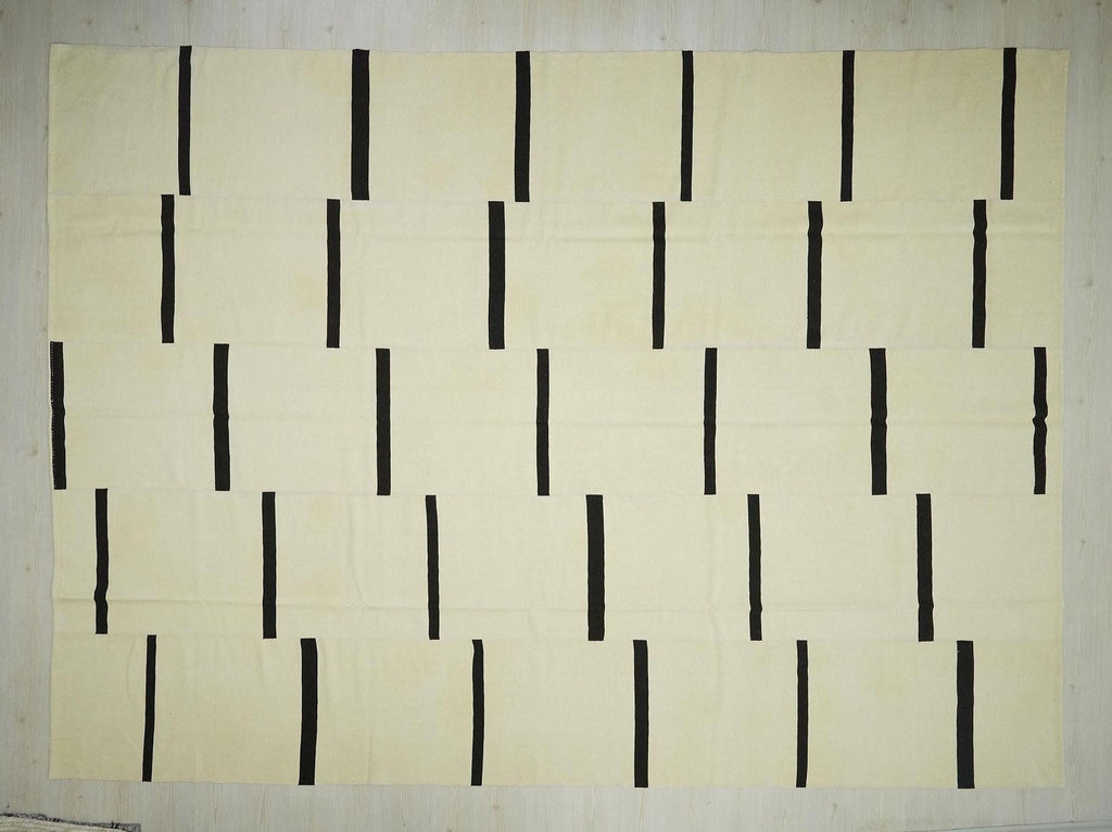 Oversized Stripe Wool Kilim Rug: Mid-Century Modern Turkish Flat Weave 10x13.7 ft.