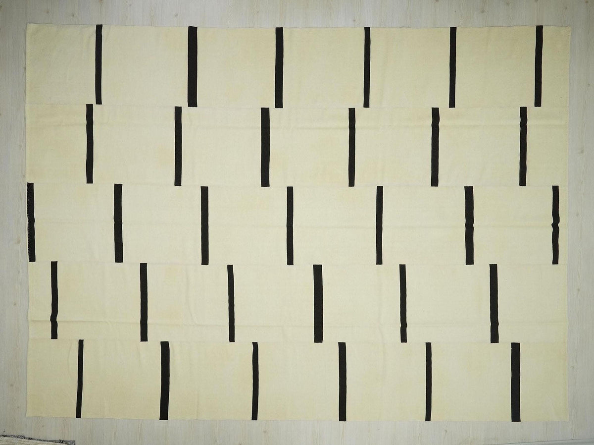 Oversized Stripe Wool Kilim Rug: Mid-Century Modern Turkish Flat Weave 10x13.7 ft.
