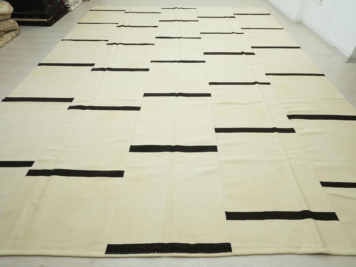 Oversized Stripe Wool Kilim Rug: Mid-Century Modern Turkish Flat Weave 10x13.7 ft.