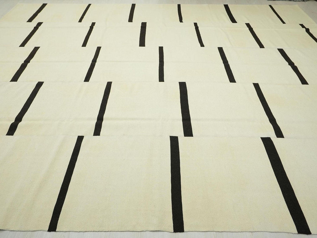 Oversized Stripe Wool Kilim Rug: Mid-Century Modern Turkish Flat Weave 10x13.7 ft.