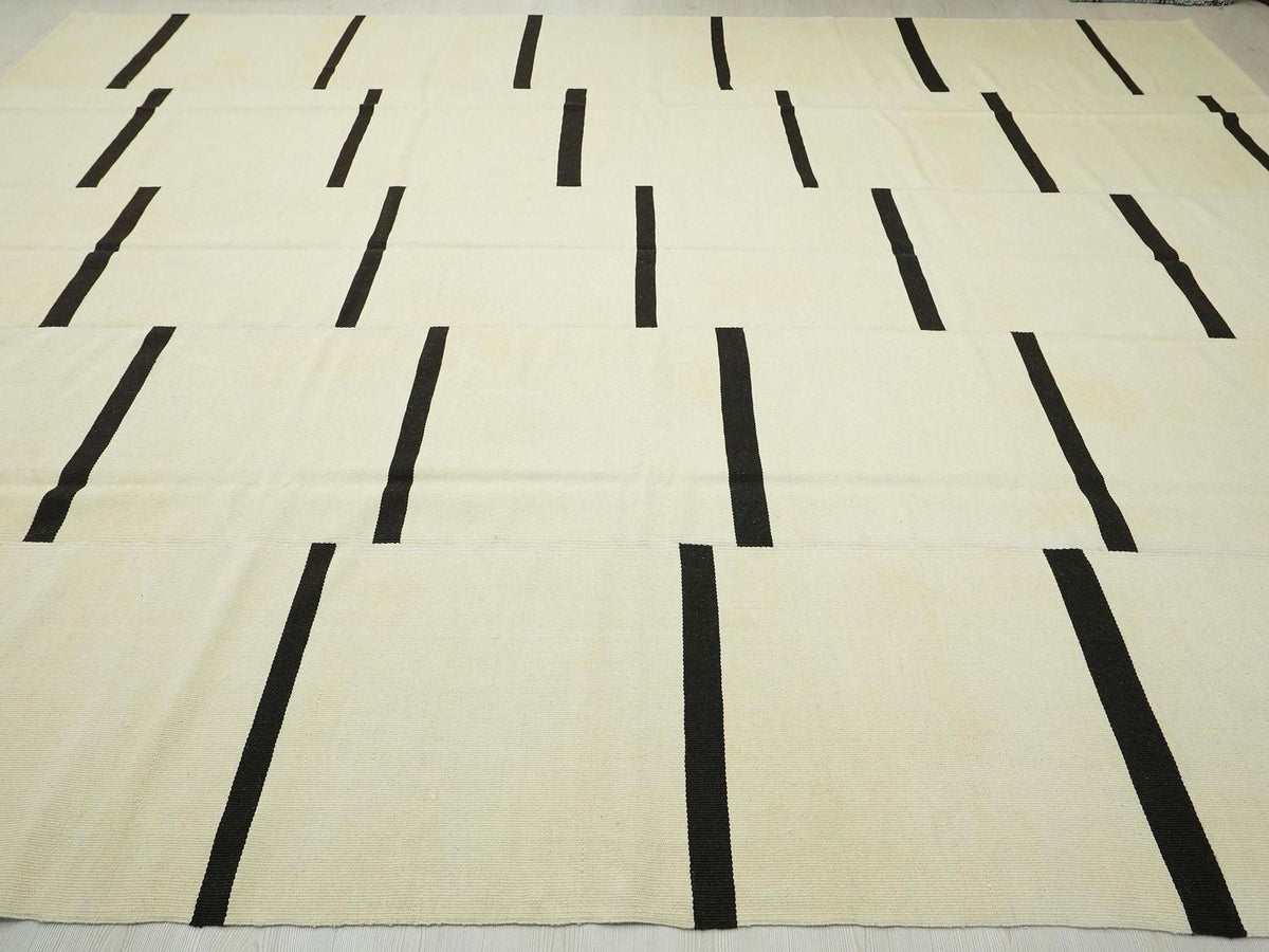 Oversized Stripe Wool Kilim Rug: Mid-Century Modern Turkish Flat Weave 10x13.7 ft.