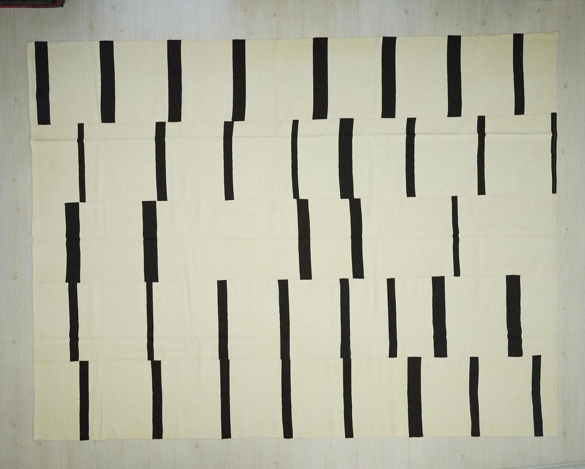 10x13 Scandinavian Style Brown & White Striped Turkish Kilim Rug