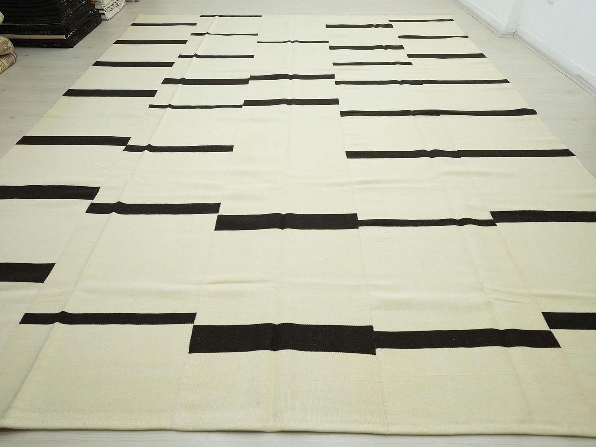 10x13 Scandinavian Style Brown & White Striped Turkish Kilim Rug