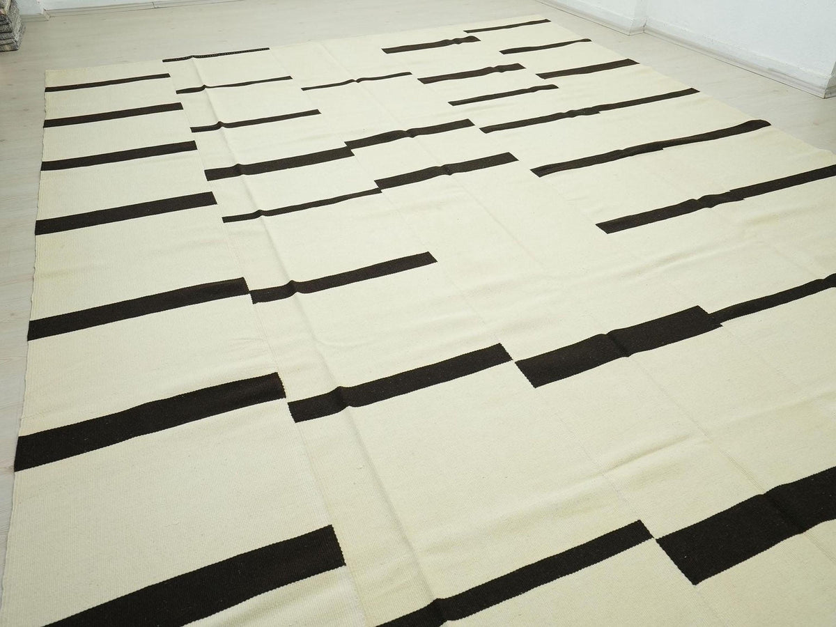 10x13 Scandinavian Style Brown & White Striped Turkish Kilim Rug