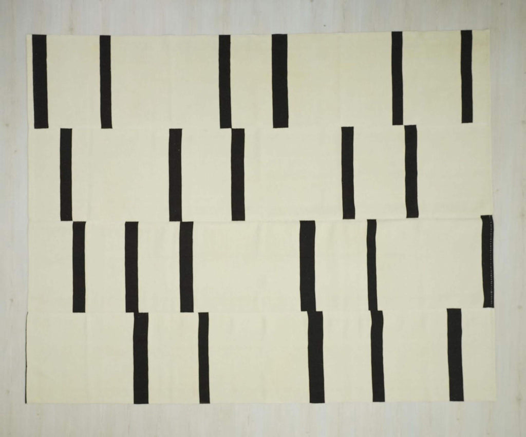 Minimalist Stripe Handmade Wool Kilim Rug: Swedish Style Flat Woven Rugs 8x10 Ft.