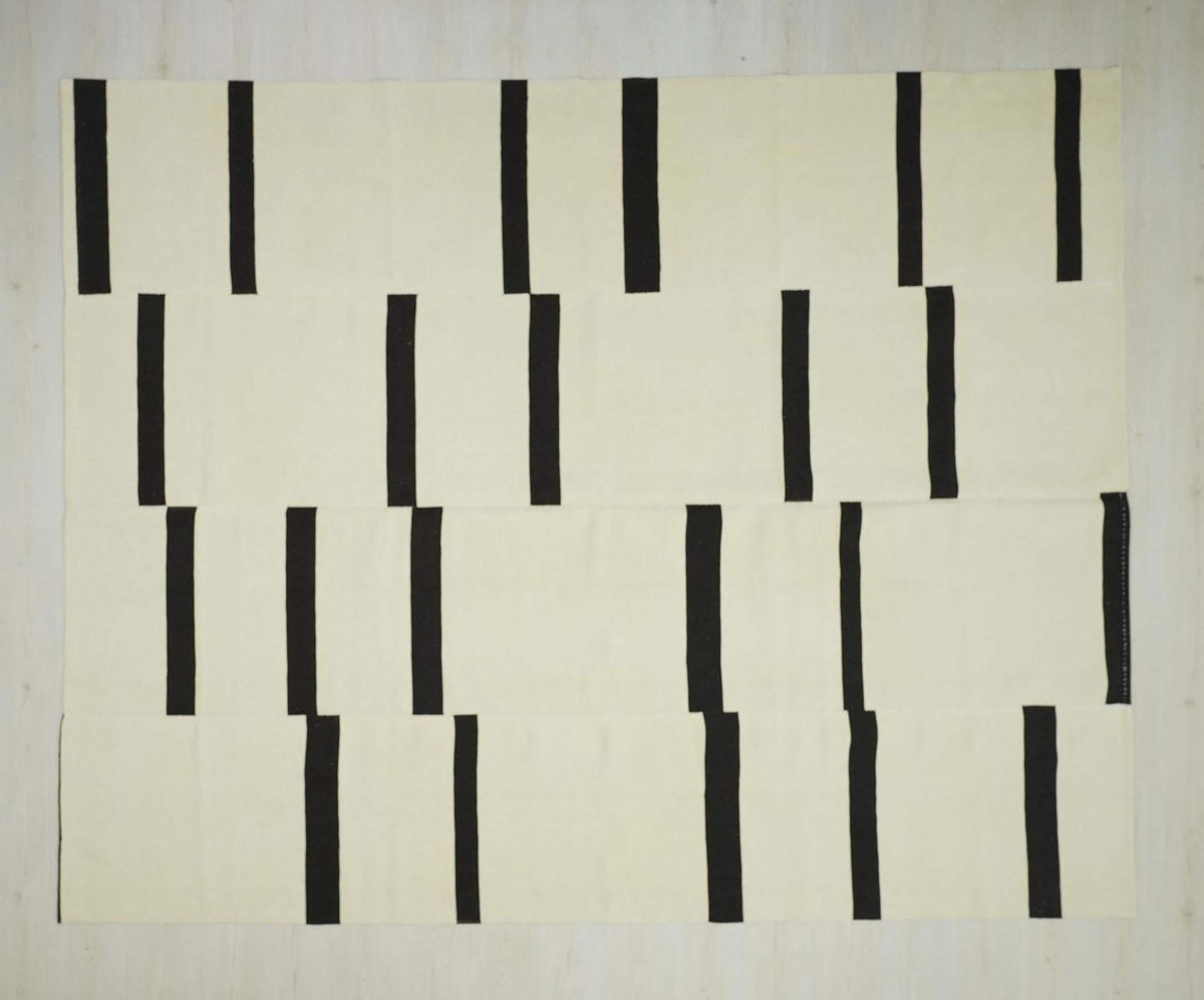 Minimalist Stripe Handmade Wool Kilim Rug: Swedish Style Flat Woven Rugs 8x10 Ft.