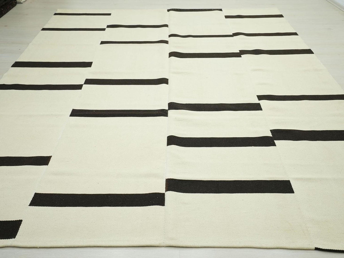 Minimalist Stripe Handmade Wool Kilim Rug: Swedish Style Flat Woven Rugs 8x10 Ft.