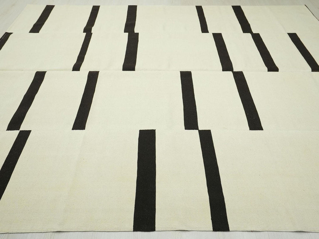 Minimalist Stripe Handmade Wool Kilim Rug: Swedish Style Flat Woven Rugs 8x10 Ft.