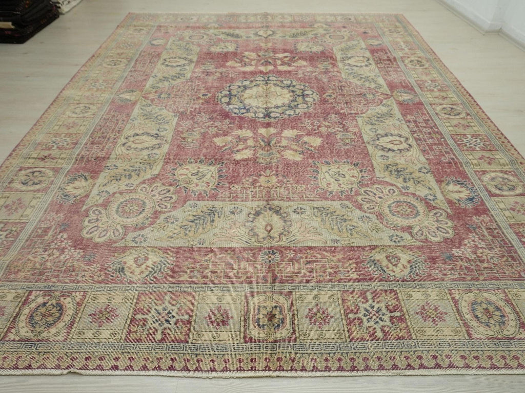 8x11.5 Old Turkish Carpet Rug: Mid-Century Modern Oushak Large Wool On Cotton Rugs.