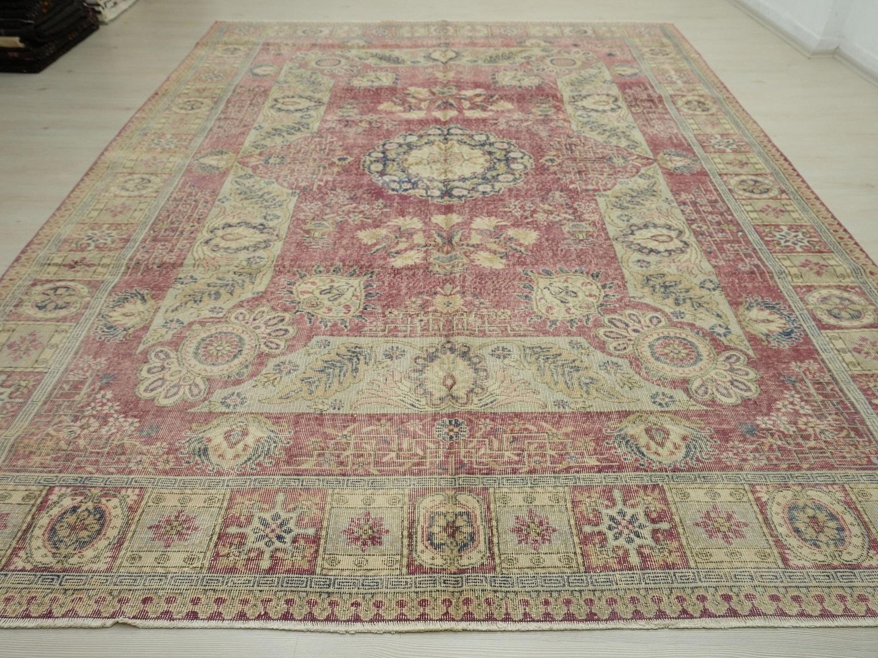 8x11.5 Old Turkish Carpet Rug: Mid-Century Modern Oushak Large Wool On Cotton Rugs.