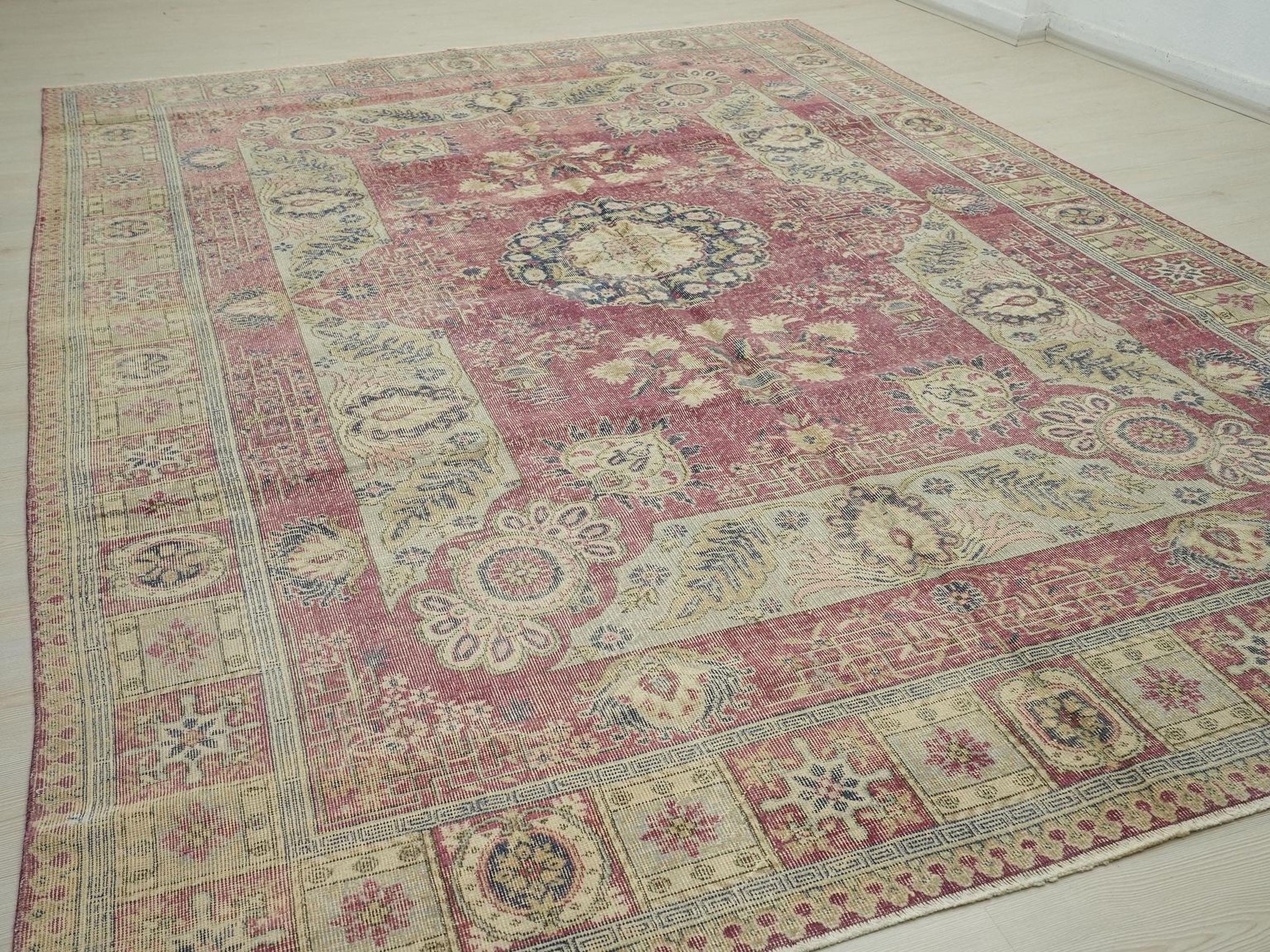 8x11.5 Old Turkish Carpet Rug: Mid-Century Modern Oushak Large Wool On Cotton Rugs.
