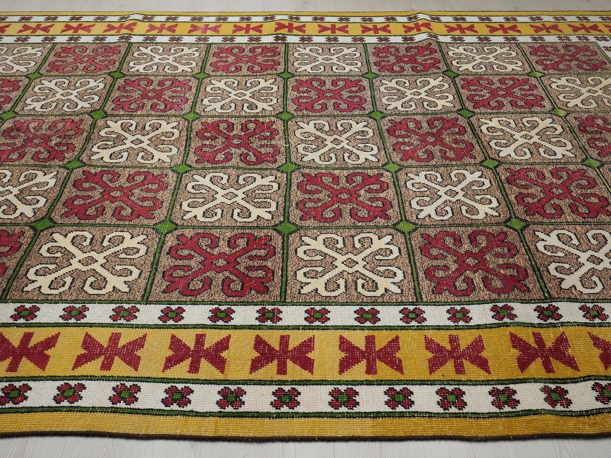 8x13 Multi Colorful Turkish Wool Rug: Geometric Pattern Vintage Carpet,Home Living Rugs.