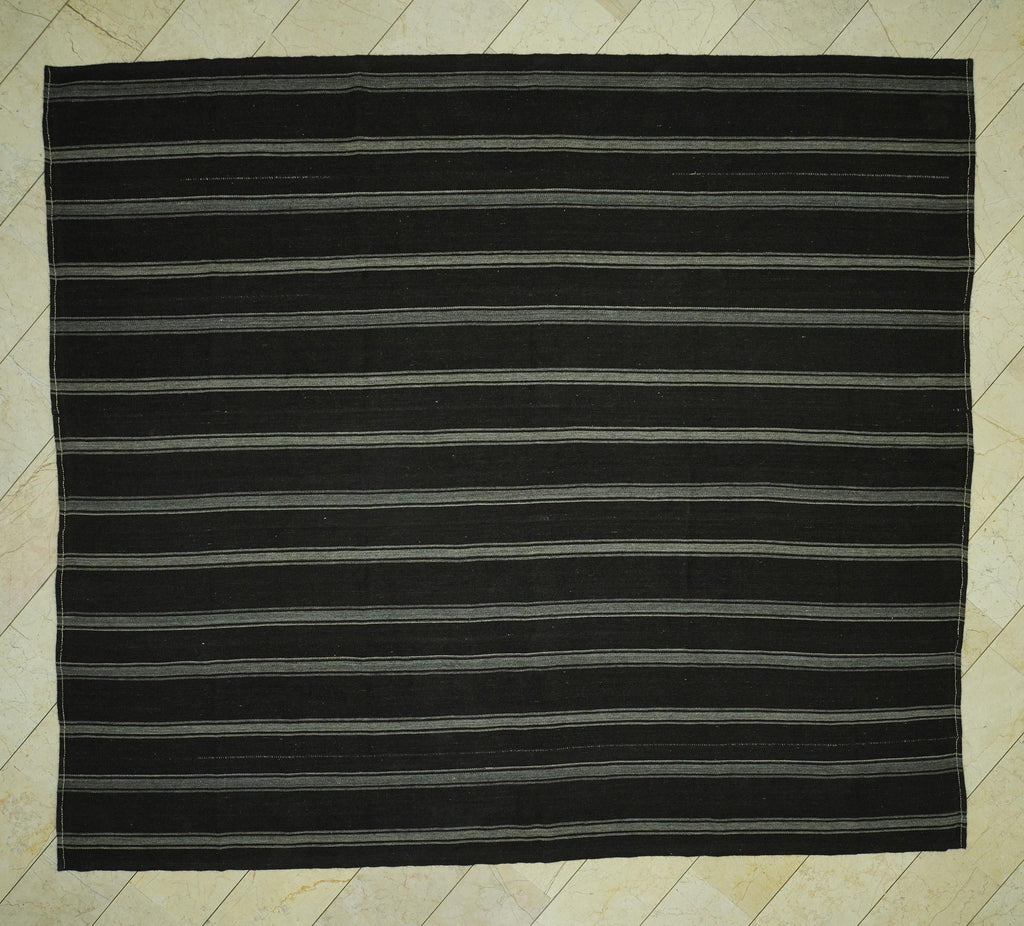 Mid Century Modern,Gray & Dark Brown Striped Nomadic Goat Hair Kilim Rug: 9.5x10.7 Feet.