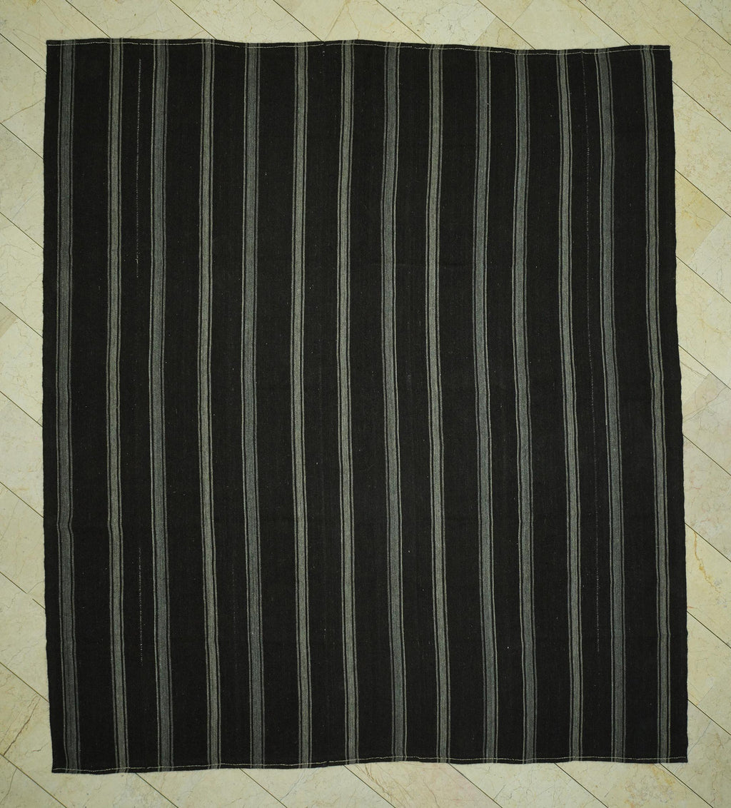 Mid Century Modern,Gray & Dark Brown Striped Nomadic Goat Hair Kilim Rug: 9.5x10.7 Feet.