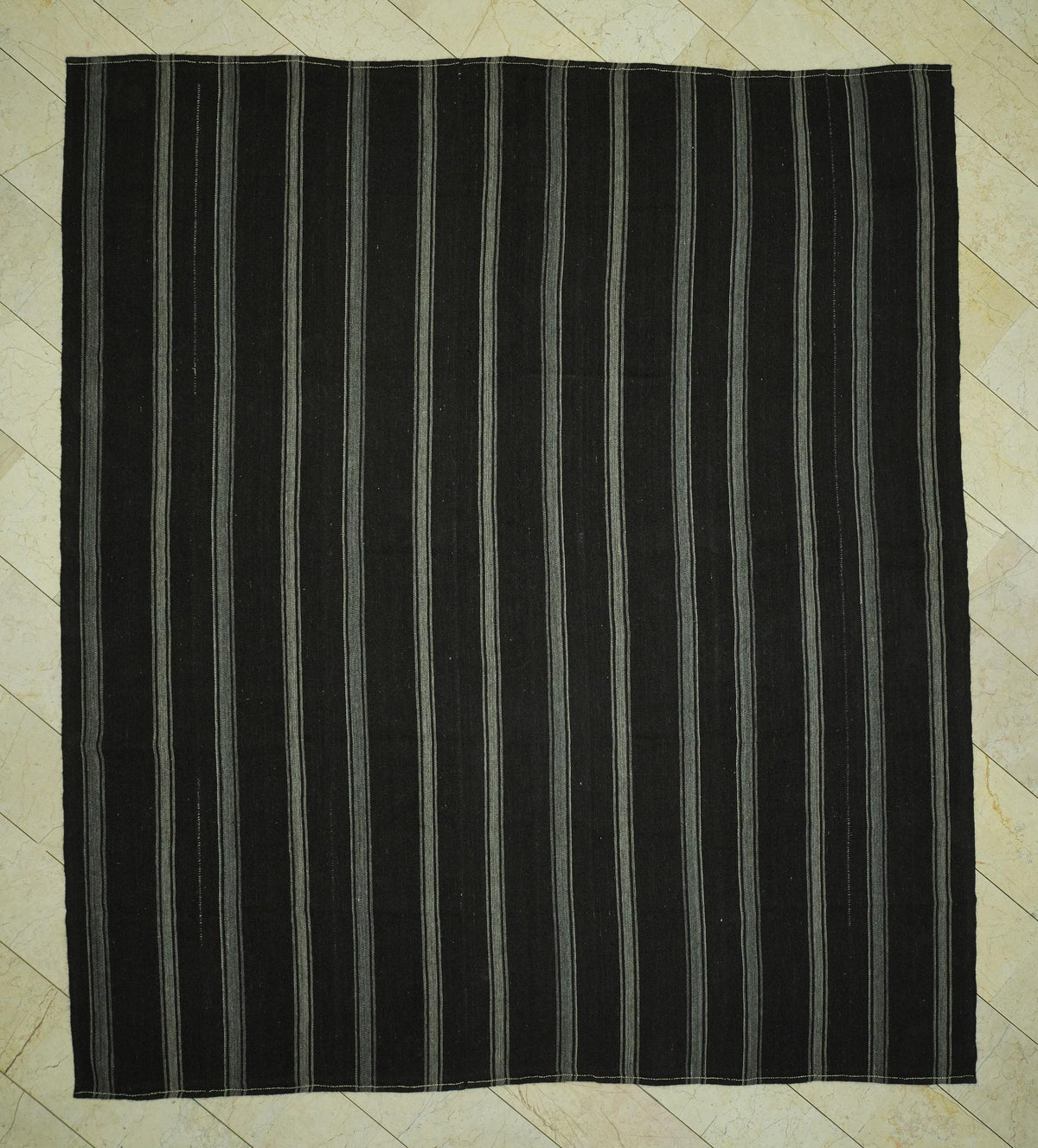 Mid Century Modern,Gray & Dark Brown Striped Nomadic Goat Hair Kilim Rug: 9.5x10.7 Feet.