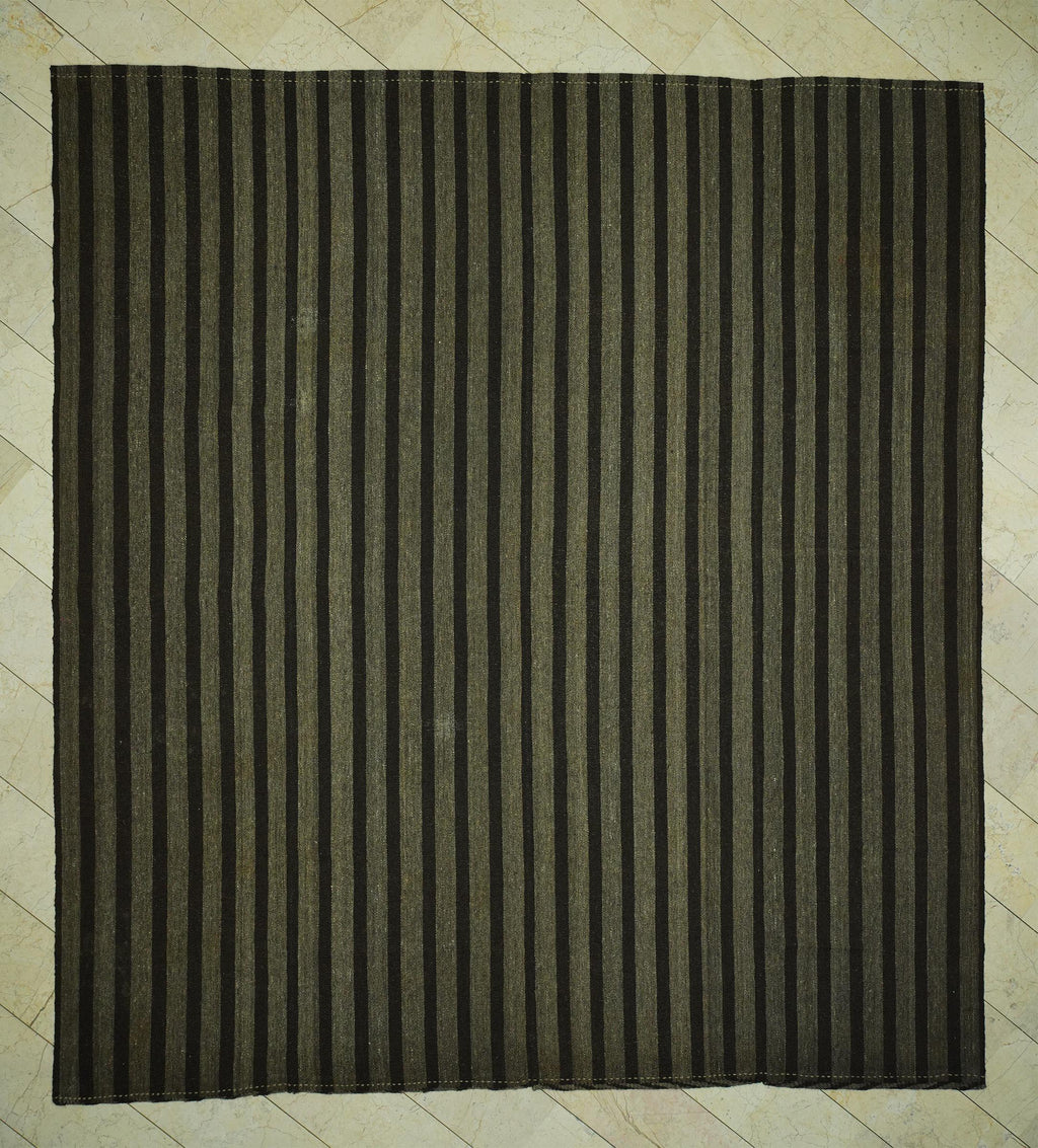 Oversize Natural Goat Hair Kilim Rug: 10.6X11.6 Feet,Dark Brown & Gray Stripe Turkish Rugs.