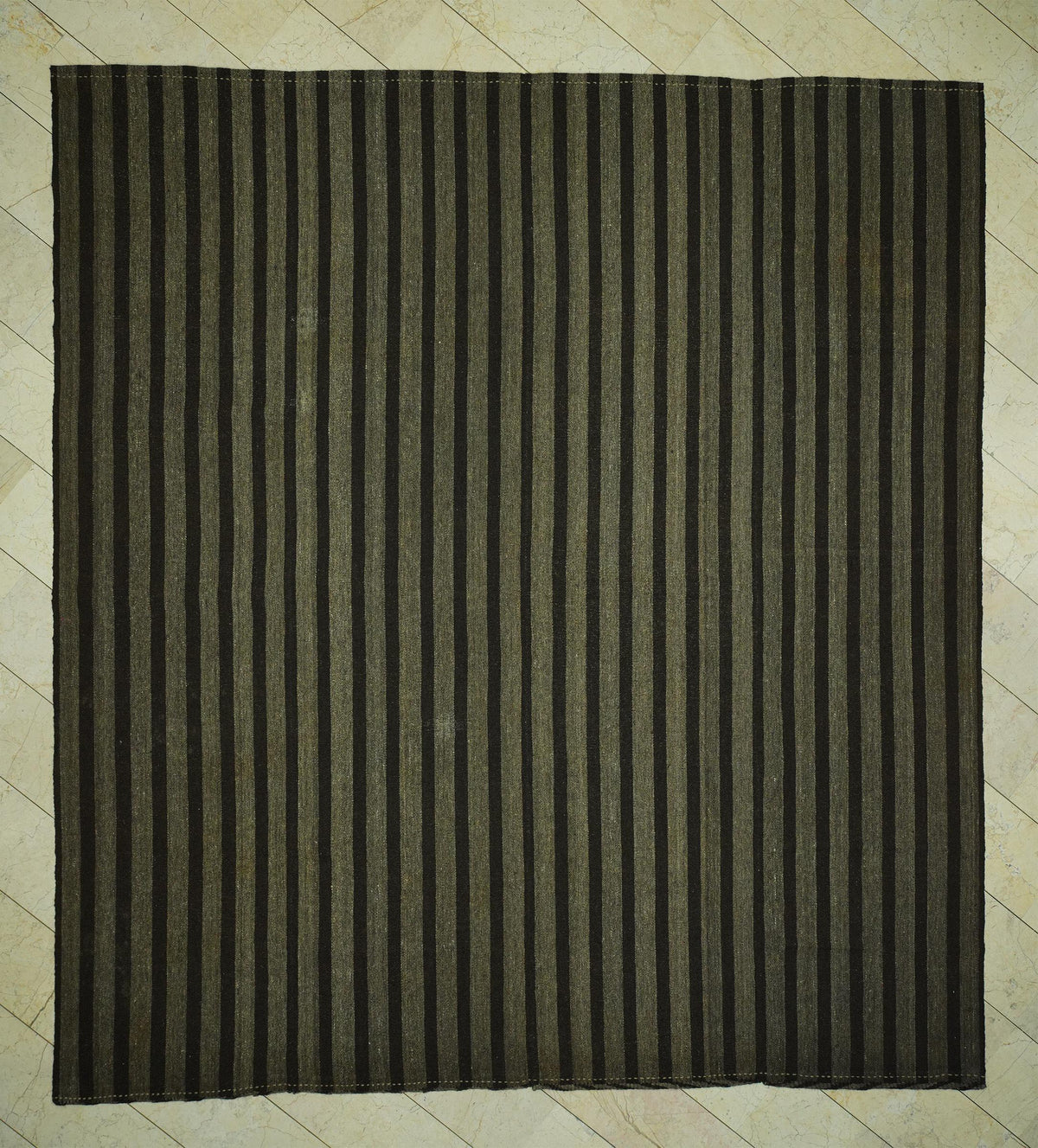 Oversize Natural Goat Hair Kilim Rug: 10.6X11.6 Feet,Dark Brown & Gray Stripe Turkish Rugs.