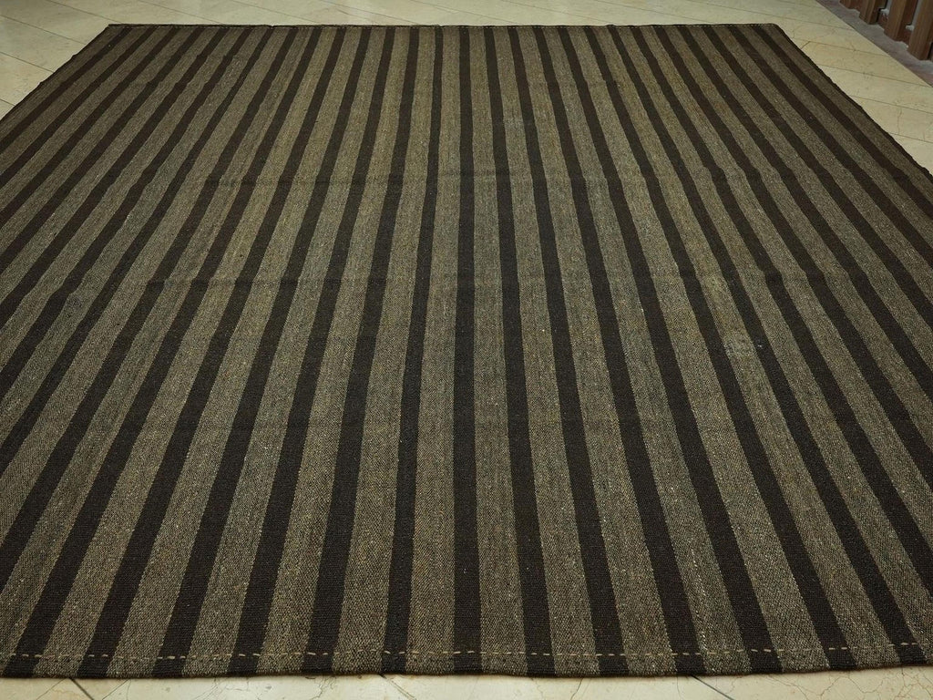 Oversize Natural Goat Hair Kilim Rug: 10.6X11.6 Feet,Dark Brown & Gray Stripe Turkish Rugs.