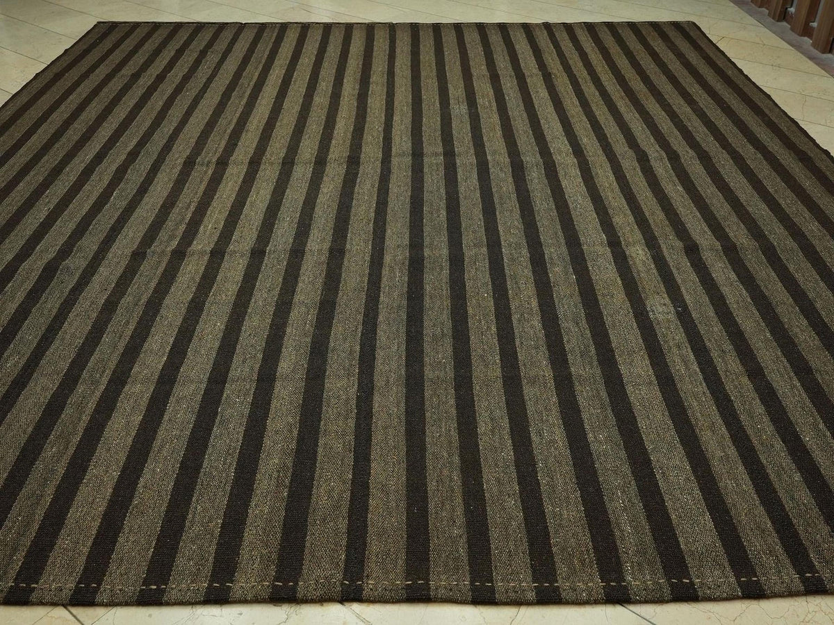 Oversize Natural Goat Hair Kilim Rug: 10.6X11.6 Feet,Dark Brown & Gray Stripe Turkish Rugs.