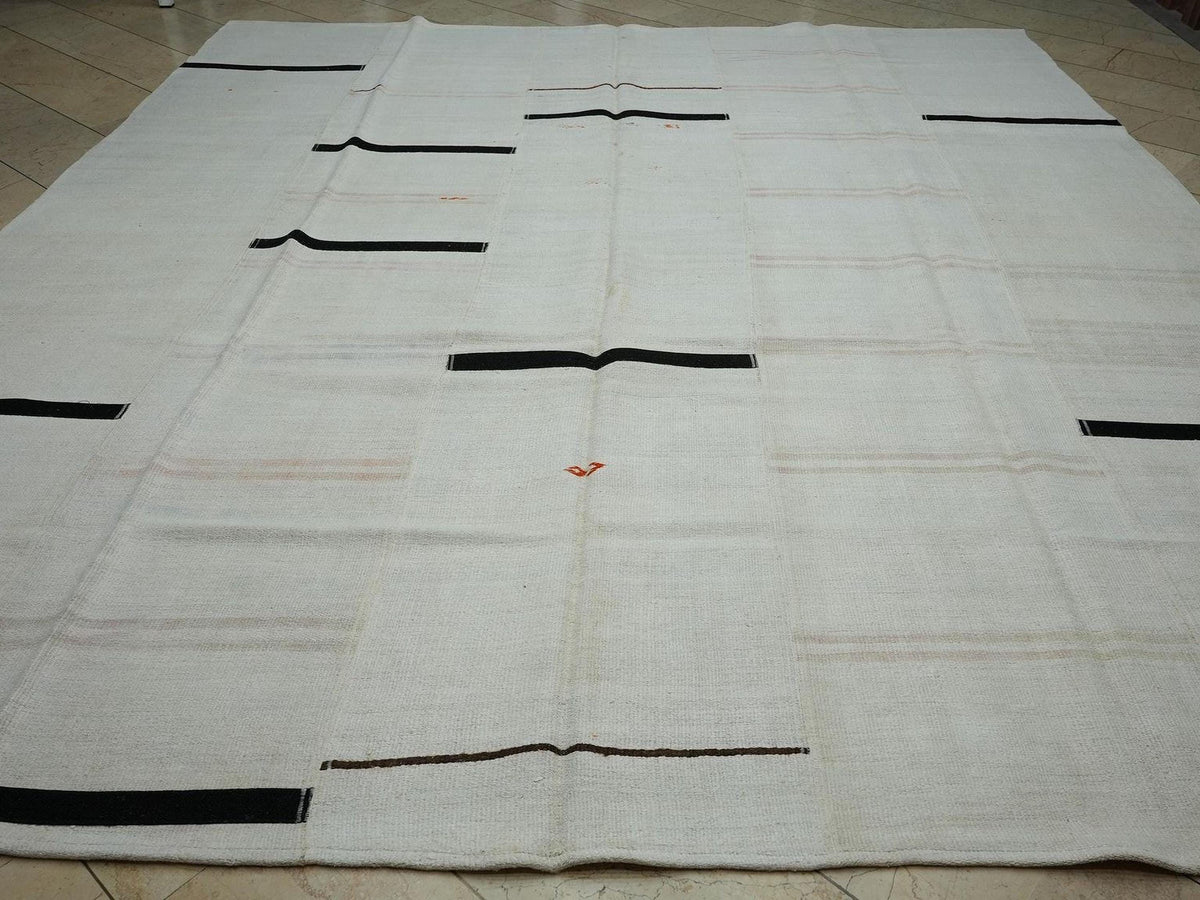 Oversized Striped Hemp Kilim Rug: Mid-Century Modern Rugs,10.6 x 12 ft.