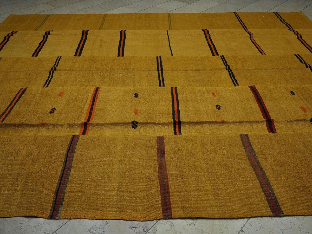 Large Saffron Hemp Kilim Rug: Turkish Flat Weave Area Rugs,9.5"x11.6" Feet.