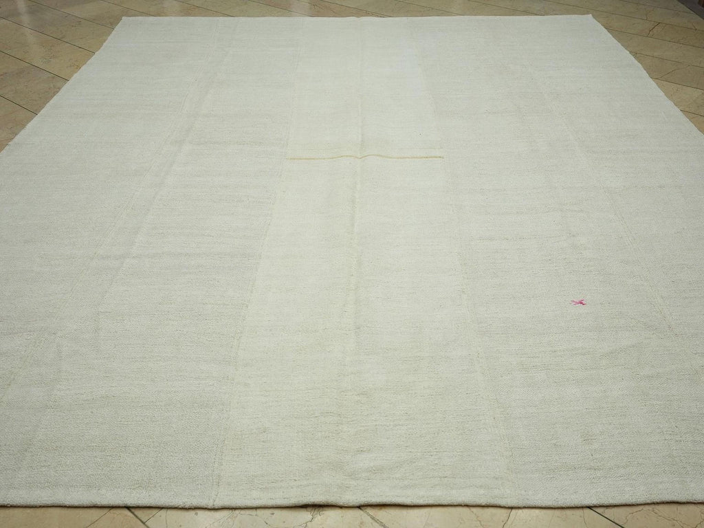9x11 Flat Weave Hemp Rug: Solid Off White, Minimalist Decor Turkish Oversize Rugs.