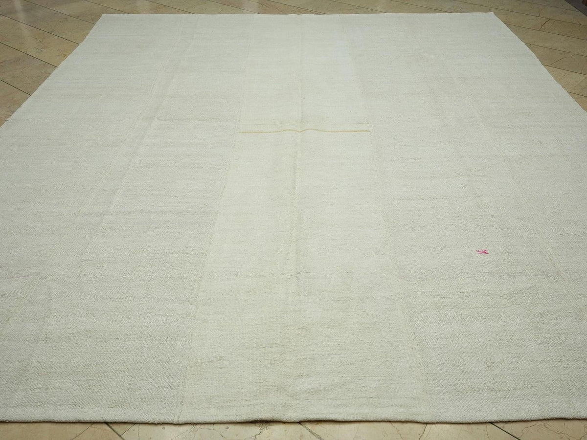 9x11 Flat Weave Hemp Rug: Solid Off White, Minimalist Decor Turkish Oversize Rugs.
