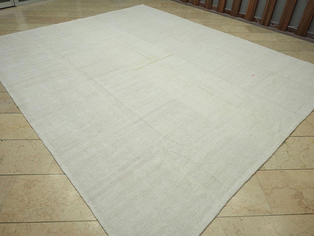 9x11 Flat Weave Hemp Rug: Solid Off White, Minimalist Decor Turkish Oversize Rugs.