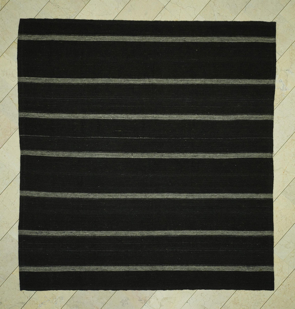 Oversize Striped Turkish Kilim Rug: 8.4x9.1 Feet,Dark Brown And Gray Goat Hair Rugs.